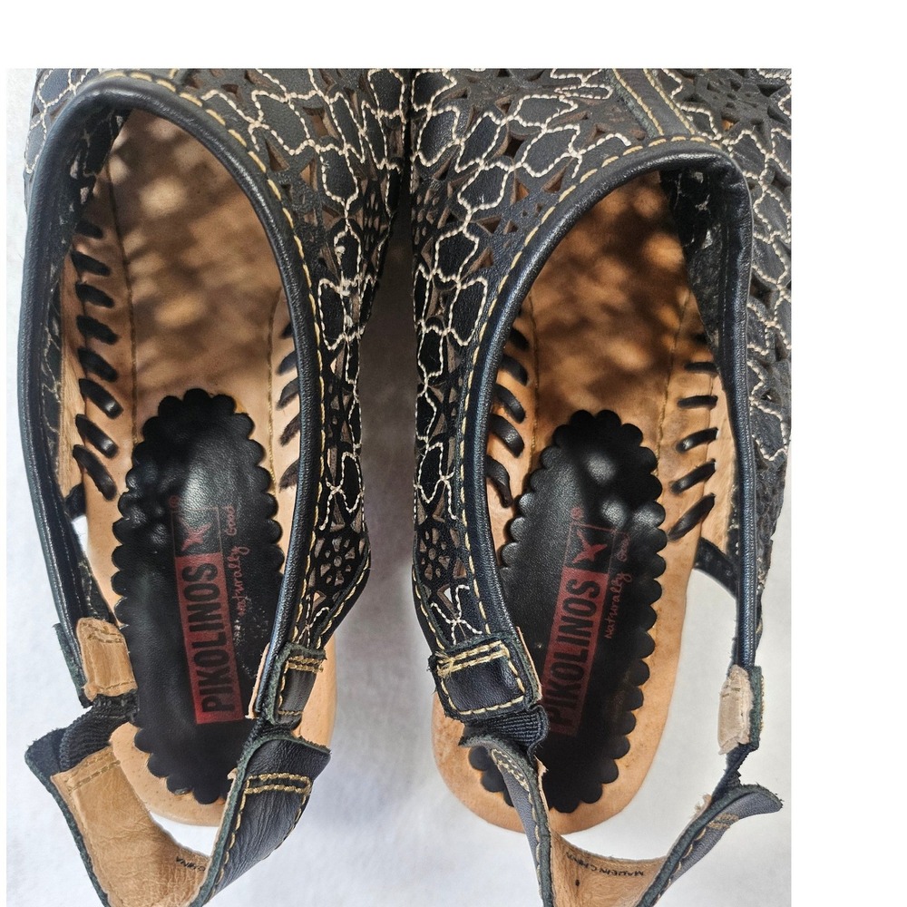 Pikolinos Black Leather Laser Cut Floral Wedge Sandals Peep Toe Boho size 38 - Picture 14 of 16